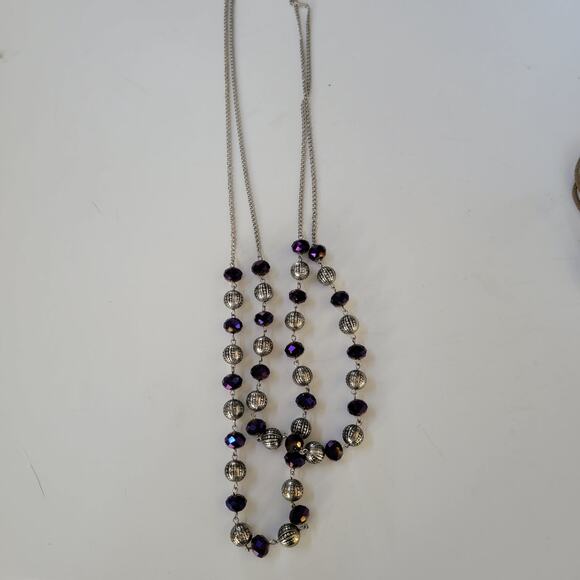 Purple Beaded Necklace with Silver Accent Long Chain Boho Jewelry Statement Gift - Picture 1 of 10